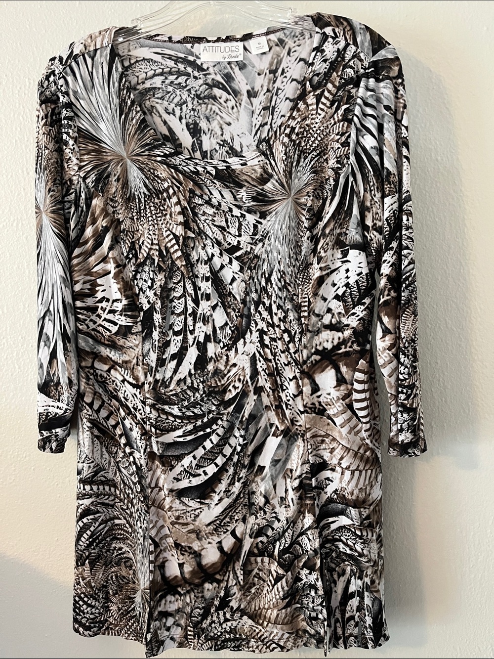 Attitudes by Renee Black, White and Brown Feather-Print Long Sleeve Tunic